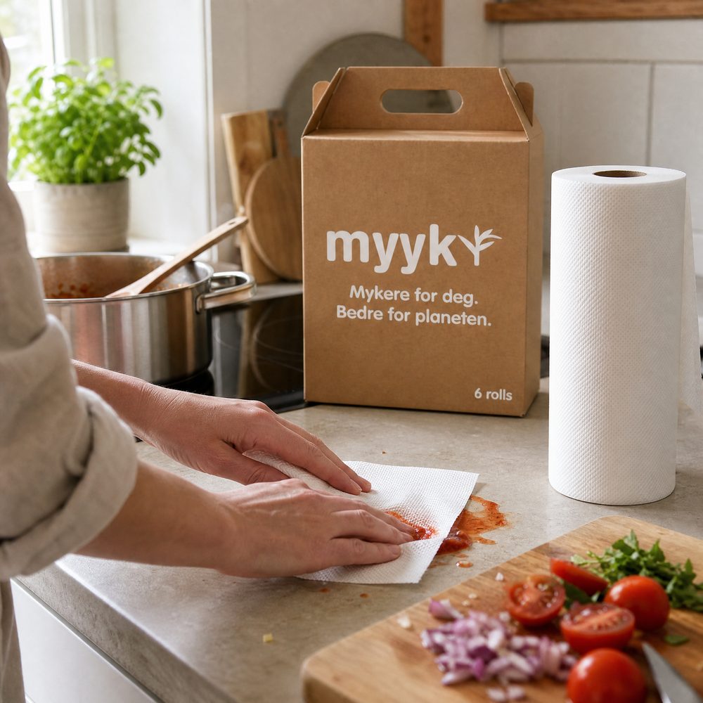 Myyk-esken står på kjøkkenbenken mens en hånd tørker opp søl
