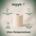 Myyk uten kompromisser: 100% FSC-sertifisert bambus, uten klor, PFAS og BPA, plastfri emballasje, trygt for avløp og septik