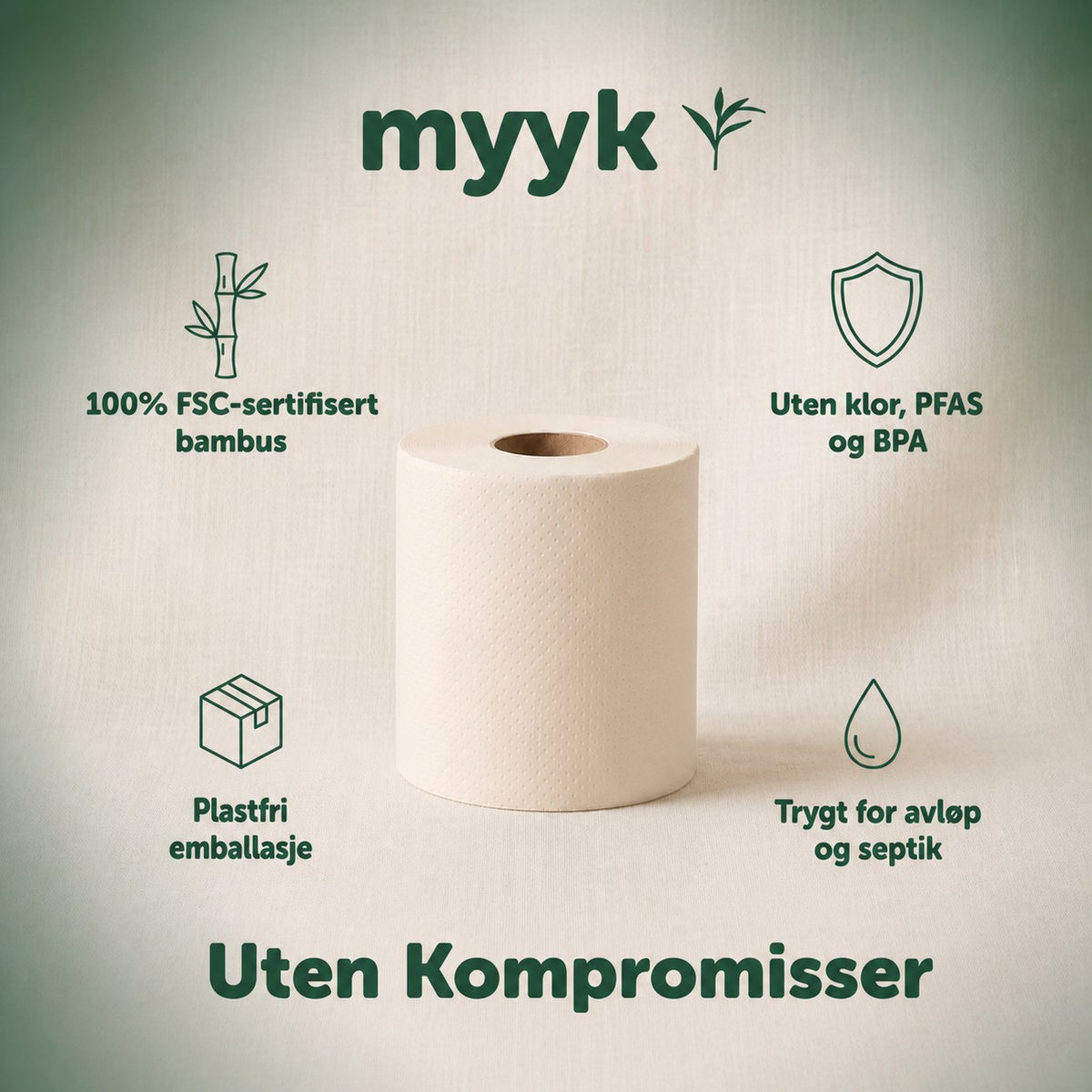 Myyk uten kompromisser: 100% FSC-sertifisert bambus, uten klor, PFAS og BPA, plastfri emballasje, trygt for avløp og septik