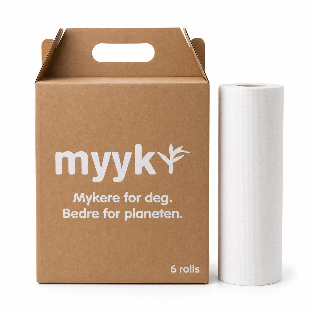 Myyk bambus kjøkkenpapir, eske og rull på hvit bakgrunn