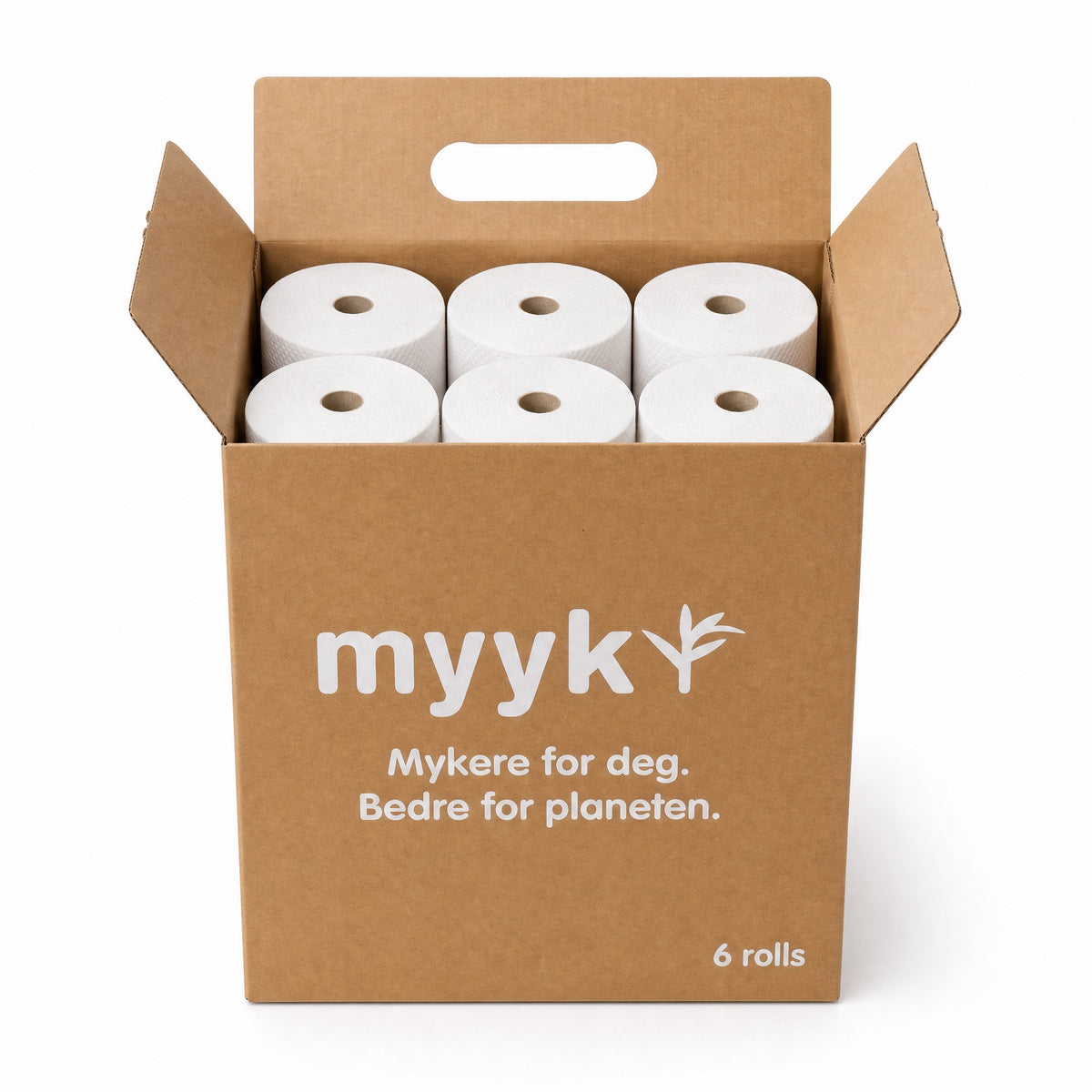 Åpen eske med seks ruller Myyk kjøkkenpapir sett ovenfra