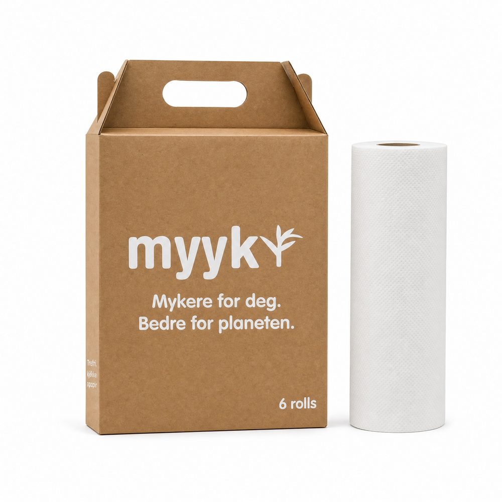 Myyk-eske i brun papp med en rull bambus kjøkkenpapir ved siden av